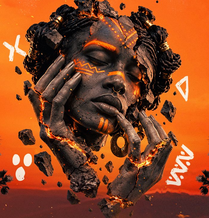 BIG WEEK Presents Shimza theme artwork: a clay face cradled by hands, glowing with orange embers